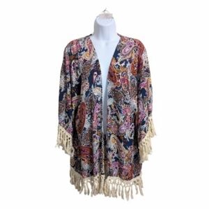 Umgee Paisley Print Multicolor Fringe Kimono Open Front Flowy Lightweight M/L